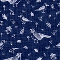 Indigo blue batik winged bird dyed effect texture background. Seamless japanese repeat pattern swatch. Rose motif wax