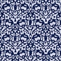 Indigo blue block print damask dyed texture background. Seamless woven japanese repeat batik pattern swatch. Wrinkled