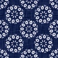 Indigo blue flower block print damask dyed texture background. Seamless woven japanese repeat batik pattern swatch
