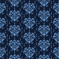 Indigo blue flower motif Japanese style. pattern. Hand drawn dyed floral damask textiles. Decorative art nouveaux home decor. Royalty Free Stock Photo