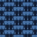 Indigo blue flower motif Japanese style. pattern. Hand drawn dyed floral damask textiles. Decorative art nouveaux home decor. Royalty Free Stock Photo