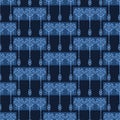 Indigo blue flower motif Japanese style. pattern. Hand drawn dyed floral damask textiles. Decorative art nouveaux home Royalty Free Stock Photo