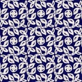 Indigo blue foliage block print dyed linen texture background. Seamless woven japanese repeat batik pattern swatch