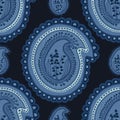 Indigo blue hand drawn arabesque floral paisley damask illustration