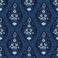 Indigo blue hand drawn arabesque floral paisley damask illustration