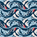 Indigo blue horizontal broken stripe nautical seamless pattern. Modern marine line striped sailor print. Classic