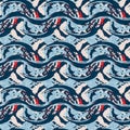 Indigo blue horizontal broken stripe nautical seamless pattern. Modern marine line striped sailor print. Classic