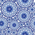 Indigo blue Porcelain chic boho mandala design from flower and betel leaf seamless pattern