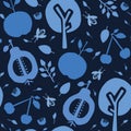 Indigo blue tree orchard. Seamless vector pattern background. Hand drawn tossed fruit paper cut out. Matisse style. Garden folk