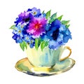 Indigo Blue Watercolor Tea Cup Flowers