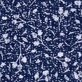 Indigo blue woven boro cotton dyed effect texture background. Seamless japanese repeat batik pattern swatch. Daisy motif