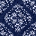 Indigo blue woven boro cotton dyed effect texture background. Seamless japanese repeat batik pattern swatch. Daisy motif