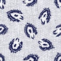 Indigo blue woven boro cotton dyed effect texture background. Seamless japanese repeat batik pattern swatch. Leaf motif