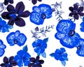 Indigo Botanical Backdrop. Azure Orchid Design. Navy Hibiscus Print. Flower Texture. Watercolor Leaves. Seamless Leaves. Pattern P