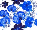 Indigo Botanical Texture. Navy Orchid Wallpaper. Azure Hibiscus Plant. Flower Leaf. Watercolor Background. Seamless Backdrop. Patt Royalty Free Stock Photo
