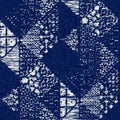 Indigo dyed fabric geo shape pattern texture. Seamless textile fashion cloth dye resist all over print. Japanese kimono