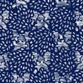 Indigo dyed fabric leaf pattern texture. Seamless textile fashion cloth dye resist all over print. Japanese kimono block