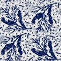 Indigo dyed fabric leaf pattern texture. Seamless textile fashion cloth dye resist all over print. Japanese kimono block