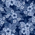 Indigo floral seamless pattern with hibiscus flowers.