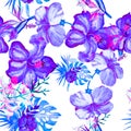 Indigo Hibiscus Foliage. Lavender Flower Set. Blue Seamless Textile. Vanilla Watercolor Foliage. Pink Pattern Backdrop. Purple T Royalty Free Stock Photo