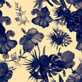 Indigo Hibiscus Leaf. Beryl Flower Print. Azure Seamless Print. Watercolor Garden. Pattern Palm. Blue Tropical Garden. Exotic Desi