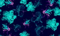 Indigo Hibiscus Leaf. Purple Flower Jungle. Green Seamless Background. Blue Watercolor Wallpaper. Pattern Leaf. Tropical Backdrop. Royalty Free Stock Photo