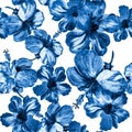 Indigo Hibiscus Textile. Blue Seamless Foliage. Azure Flower Foliage. Cobalt Watercolor Set. Navy Pattern Background. Navy Tropica