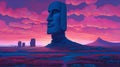 Indigo Moai: A Surreal Pastel Landscape With Alien Statue