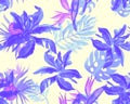 Indigo Monstera Garden. Azure Watercolor Painting. Blue Banana Leaf Print. Pink Seamless Painting. Fuchsia Pattern Wallpaper. Trop