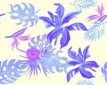 Indigo Monstera Garden. Fuchsia Watercolor Palm. Purple Banana Leaf Background. Azure Seamless Plant. Pink Pattern Wallpaper. Trop