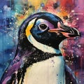 Indigo Penguin Art Print On Colorful Canvas - Explosive Wildlife Portraiture