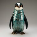 Indigo Penguin: Large Teal Ceramic Glazed With Futurist Mechanical Precision