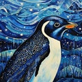 Indigo Penguin At Night Giclee 30x32 - Pointillist Brushwork Wall Art