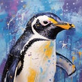 Indigo Penguin: Vibrant And Textured Marker Impressionism Wall Art