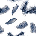 Indigo Tropical Nature. Blue Seamless Design. Azure Pattern Nature. White Banana Leaves. Cobalt Wallpaper Texture.