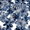 Indigo Watercolor Leaves. Blue Flower Print. Azure Seamless Texture. Navy Hibiscus Leaves. Pattern Plant. Tropical Texture. Fashio