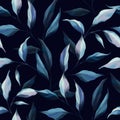 Indigo Watercolor seamless pattern with tree  branches  palm leaves  forest plants and leaf on navy blue background. Exotic Royalty Free Stock Photo