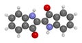 Indigotin indigo dye molecule. 3D rendering. Used to color cotton in the production of denim cloth for blue jeans. Atoms are