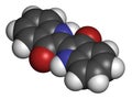 Indigotin indigo dye molecule. Used to color cotton in the production of denim cloth for blue jeans. Atoms are represented as