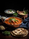 Traditional Indian Cuisine: Butter Chicken, Naan, Rice