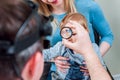 Indirect ophthalmoscope. Retinal examination. Fundoscopy. Child vision test. Royalty Free Stock Photo