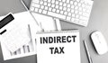 Word INDIRECT TAX on sticky through magnifier on grey background
