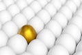 Individiuality and difference concept.Standing golden egg in between common eggs. Royalty Free Stock Photo