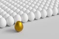 Individiuality and leadership concept.Standing golden egg in front of common white eggs. Royalty Free Stock Photo