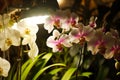 individual adjusting led grow lights over blooming orchids in an indoor setup Royalty Free Stock Photo