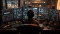 person working late at night in dark room with multiple computer monitors showing data analytics and coding screens in high tech s Royalty Free Stock Photo