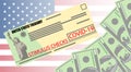 Individual checks and dollars on american flag. Financial incentive bill. Coronavirus Covid-19 concept. vector illustration