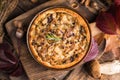 Individual chicken mushroom pot pie with puff pastry crust. top view