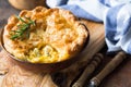 Individual chicken pot pie with puff pastry crust. top view