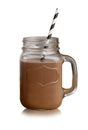 Individual chocolate milkshake in a Mason Jar glass, with paper straw, isolated on a white backdrop Royalty Free Stock Photo